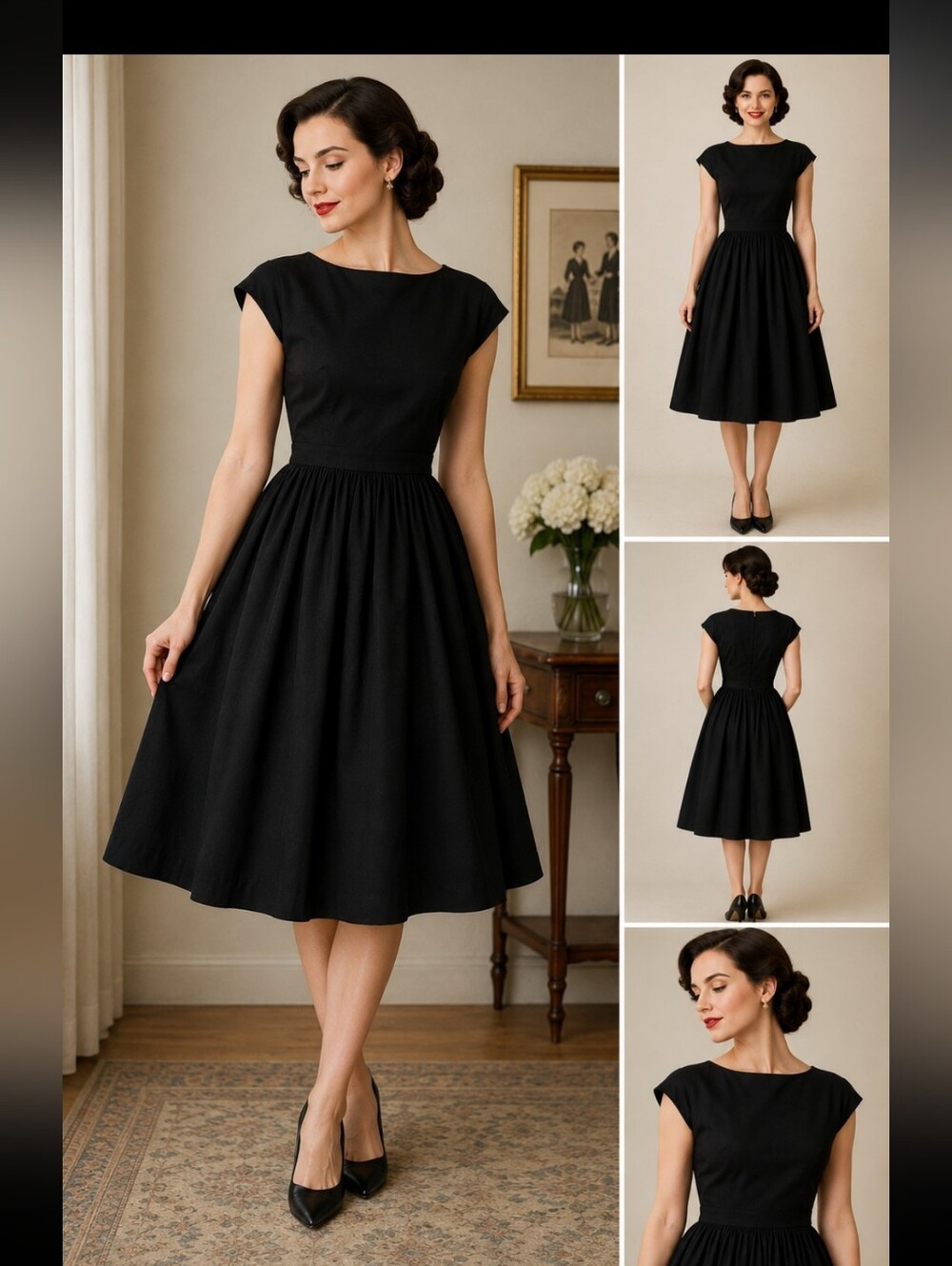 Beautiful 1950's vintage black dress by Alexander’s of California Hand Detailed